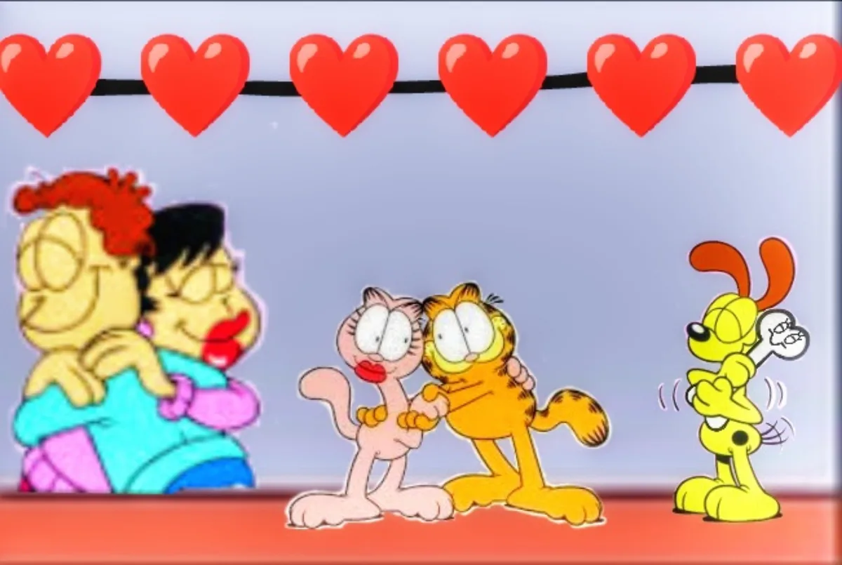 A cartoon image shows three pairs of characters embracing romantically under a string of red hearts. On the left, two…