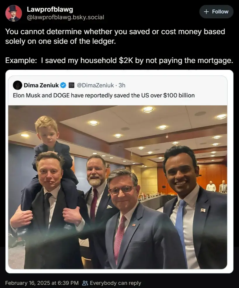 A screenshot of a tweet by Dima Zeniuk stating 'Elon Musk and DOGE have reportedly saved the US over $100 billion' is…