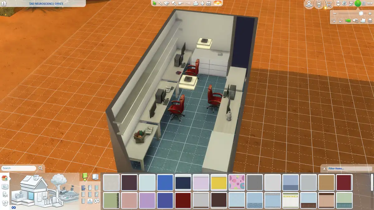 A screenshot from The Sims 4 showing a small, sparse office labeled 'SAD NEUROSCIENCE OFFICE' with three desks, red chairs…