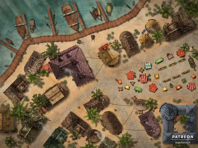 An overhead fantasy map depicts a coastal village with wooden docks, ships, thatched and tiled roofs, palm trees, and a…