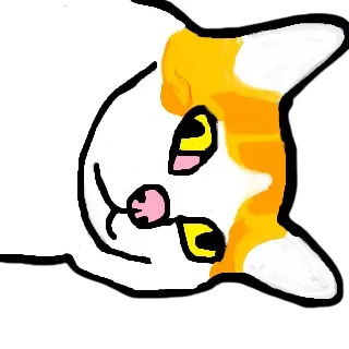 A crudely drawn cartoon cat with orange and white fur, wide eyes, and a slightly open mouth, appears to be speaking. The…