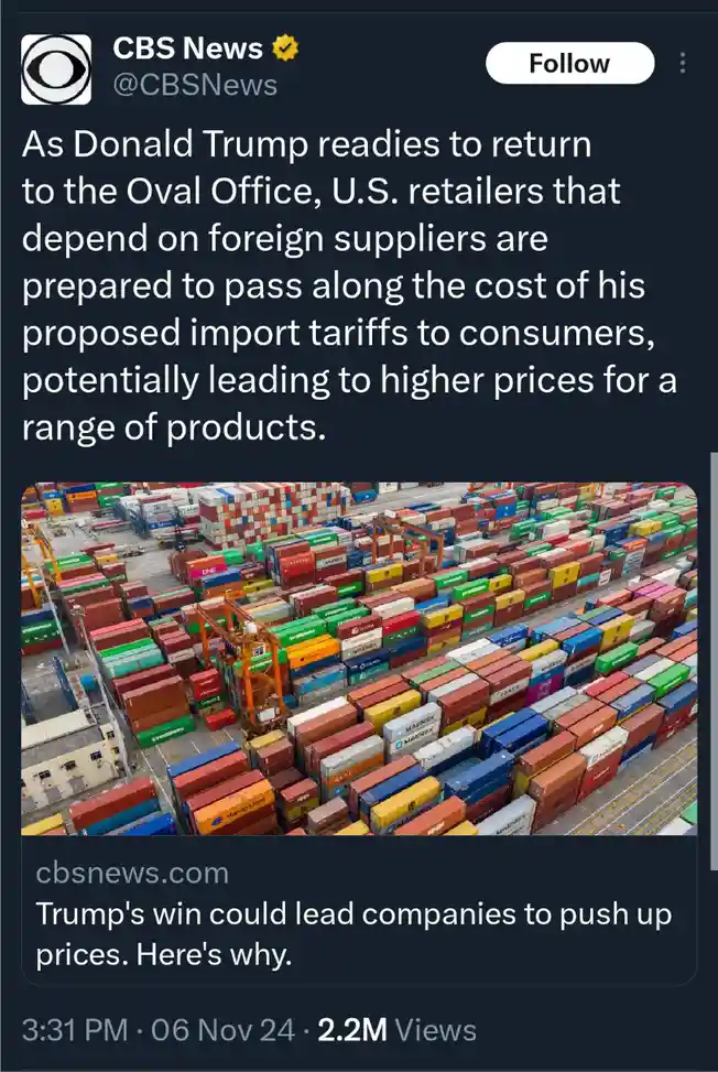 A screenshot of a CBS News tweet featuring an aerial photo of a massive shipping yard filled with colorful cargo containers…
