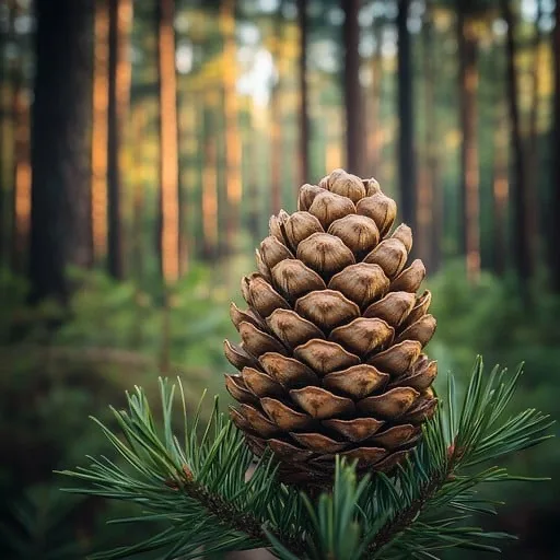 A close-up photograph of a brown pine cone resting on green pine needles, with a blurred forest background featuring tree…