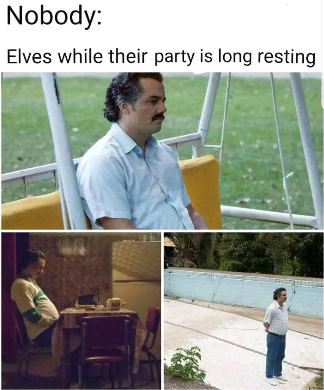 The image shows three panels of a man in different settings: sitting on a porch swing, slumped at a table indoors, and…