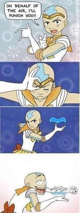 A four-panel comic strip from 'Avatar: The Last Airbender' shows Aang, the young airbender protagonist, initially angrily…