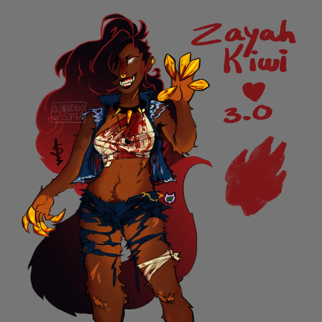 A stylized digital illustration of a dark-skinned, anthropomorphic female character with long dark hair, sharp teeth, and…