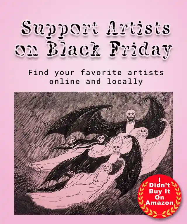A pink-background image features a vintage-style black-and-white illustration of a group of skeletal, winged figures…