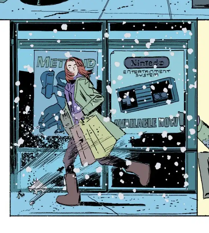 A comic panel shows a woman in a green coat and brown boots running through falling snow past a store window. The window…