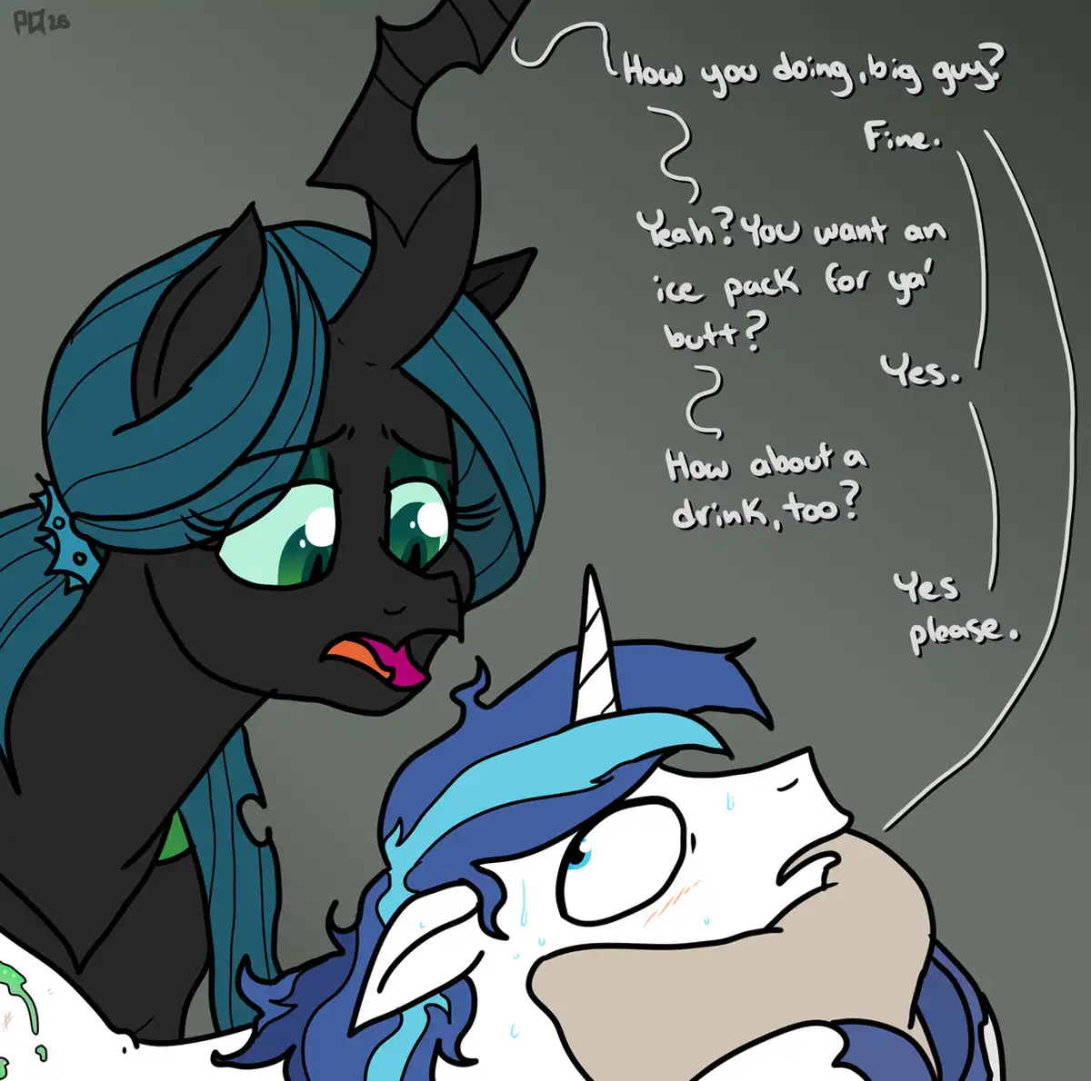A dark-skinned pony with blue hair and a bat-like horn leans over a white unicorn pony who is sweating and looking up at…