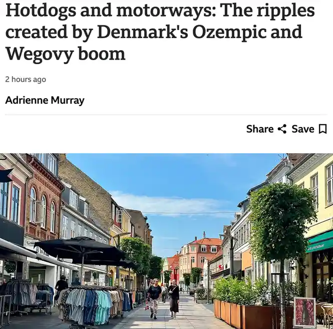 A screenshot of a news article headline reading 'Hotdogs and motorways: The ripples created by Denmark's Ozempic and Wegovy…