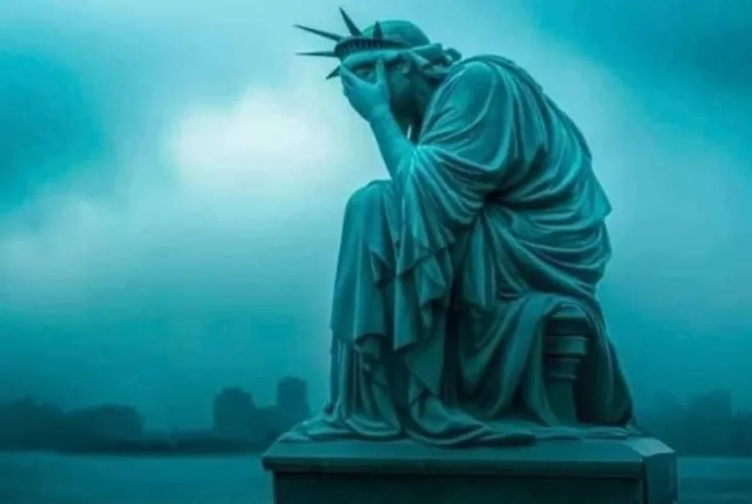 A statue of the Statue of Liberty is shown in a somber, teal-tinted image, sitting with her head bowed and hands covering…