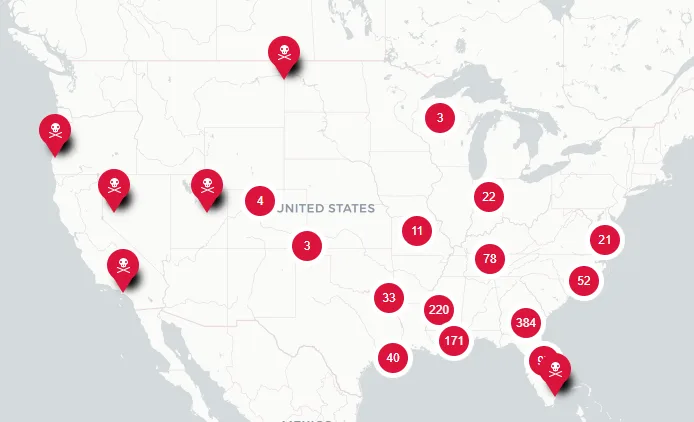 A map of the United States shows red skull and crossbones icons pinned to various states, alongside red circles containing…