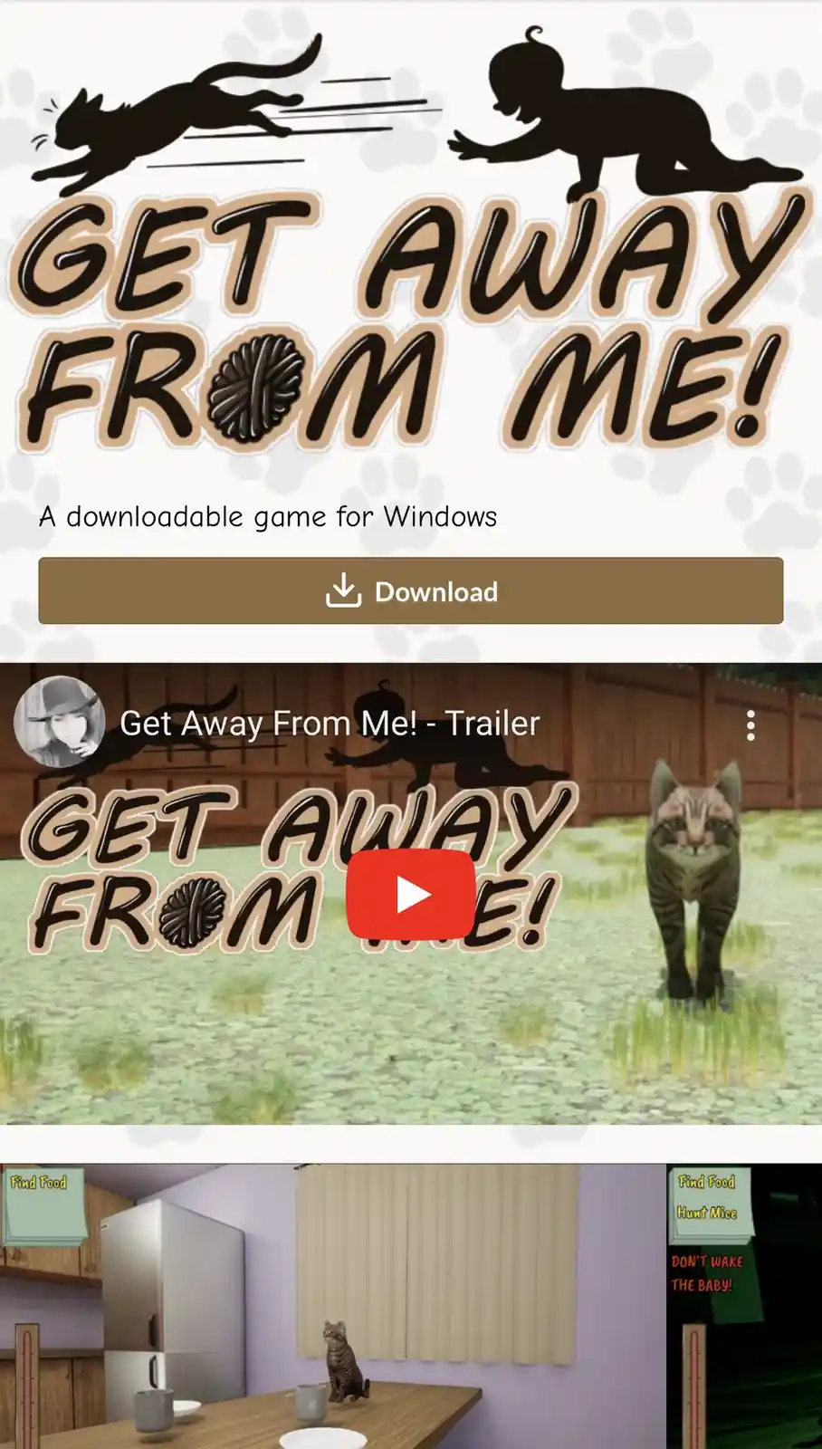 The image displays promotional material for a game titled 'Get Away From Me!', featuring a cat and baby silhouette logo, a…