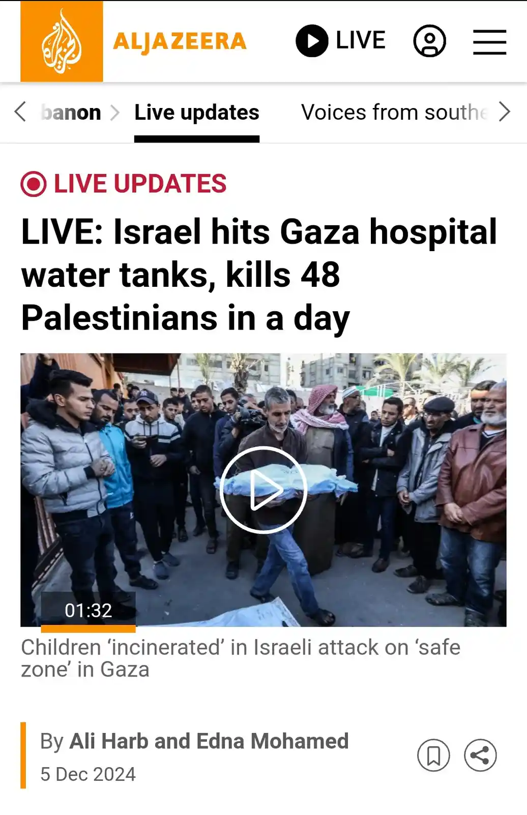 A screenshot of an Al Jazeera news page showing a live update about an Israeli airstrike on a Gaza hospital that killed 48…
