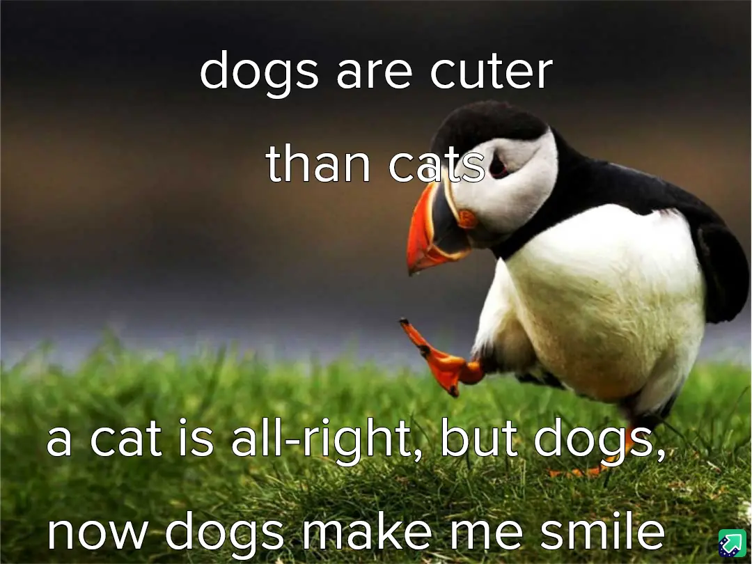 A puffin stands on green grass with its head tilted and one foot lifted, as if posing. White text overlaid on the image…