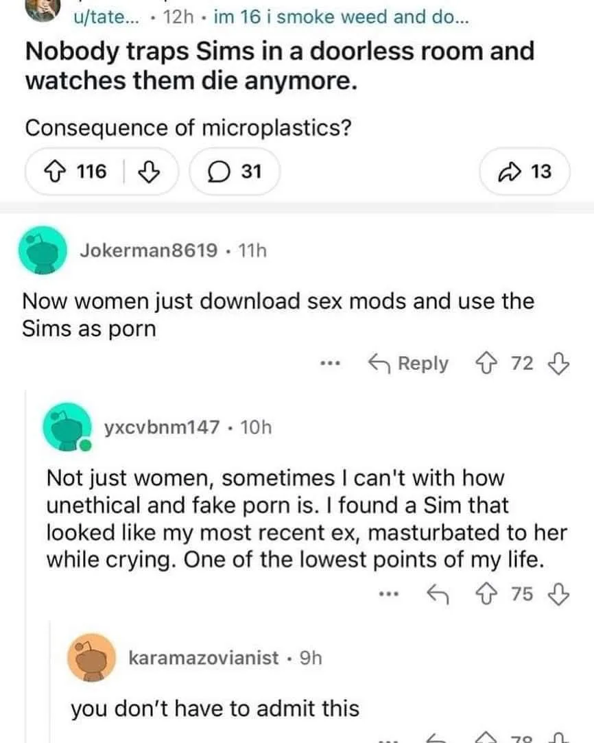 A screenshot of a Reddit thread where users discuss the decline of 'trapping Sims in a doorless room' as a form of…