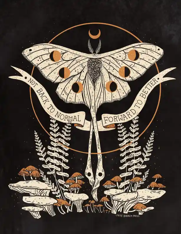 A stylized illustration of a large, cream-colored moth with crescent moon patterns on its wings, set against a dark…