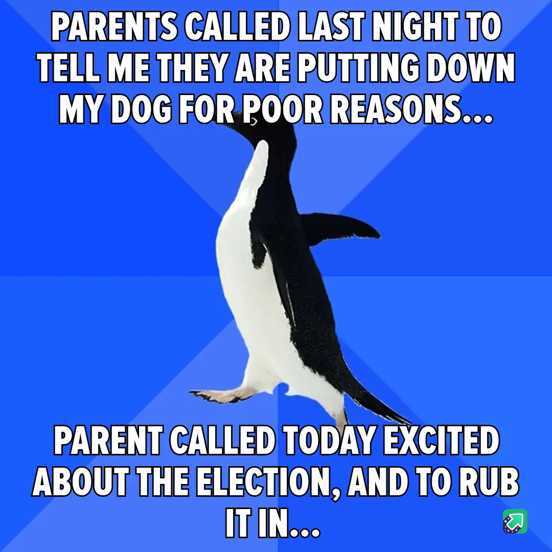 A penguin stands upright against a blue background with white text overlaid in two sections. The top text reads 'PARENTS…