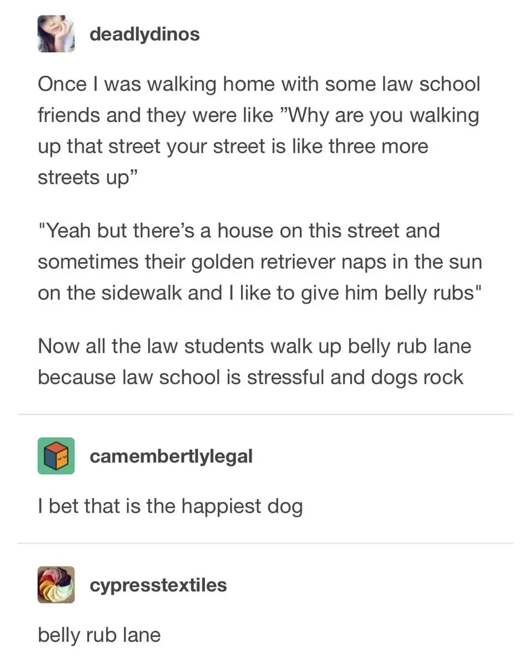 The image shows a screenshot of a social media post with a user named 'deadlydinos' sharing a story about law students…