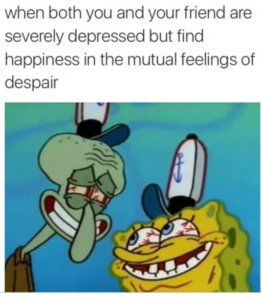 Squidward and SpongeBob are both shown with bloodshot, tired eyes and wide, toothy grins, appearing exhausted yet content…
