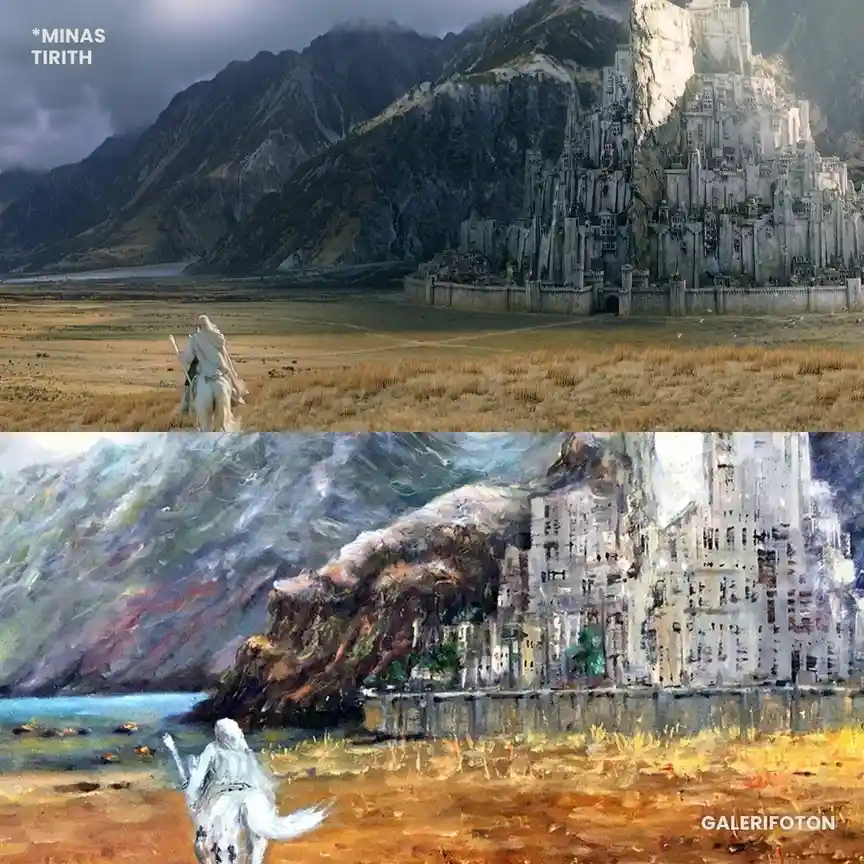 The image is split into two panels. The top panel shows a realistic, cinematic view of Minas Tirith, the capital of Gondor…