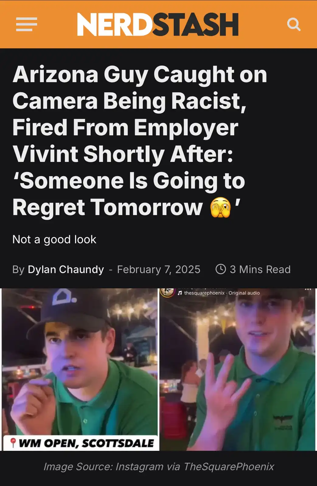 A screenshot of a NerdStash article about an Arizona man fired from Vivint after being caught on camera being racist. The…