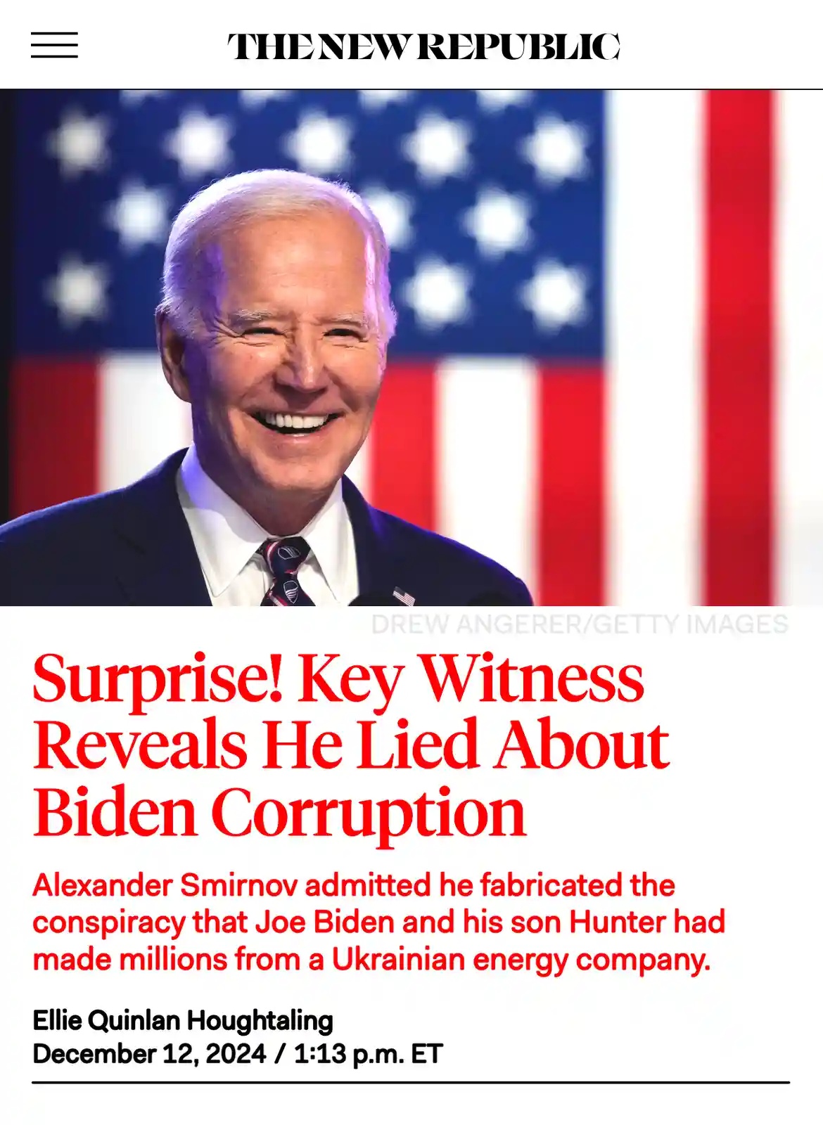 The image displays a smiling Joe Biden in front of an American flag, styled as a fake news article from 'The New Republic'…