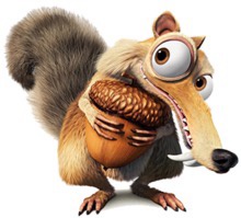 A cartoon squirrel with a large, fluffy tail and wide, surprised eyes clutches a giant acorn tightly against its chest. The…