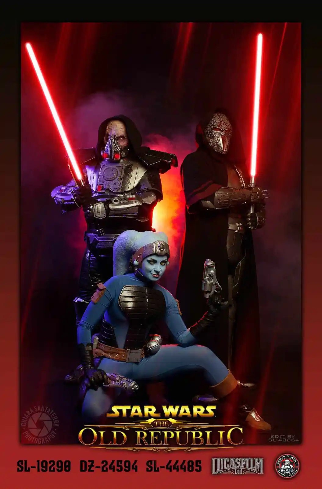 Three Star Wars: The Old Republic characters pose dramatically against a red-lit backdrop; two stand holding red lightsabers…
