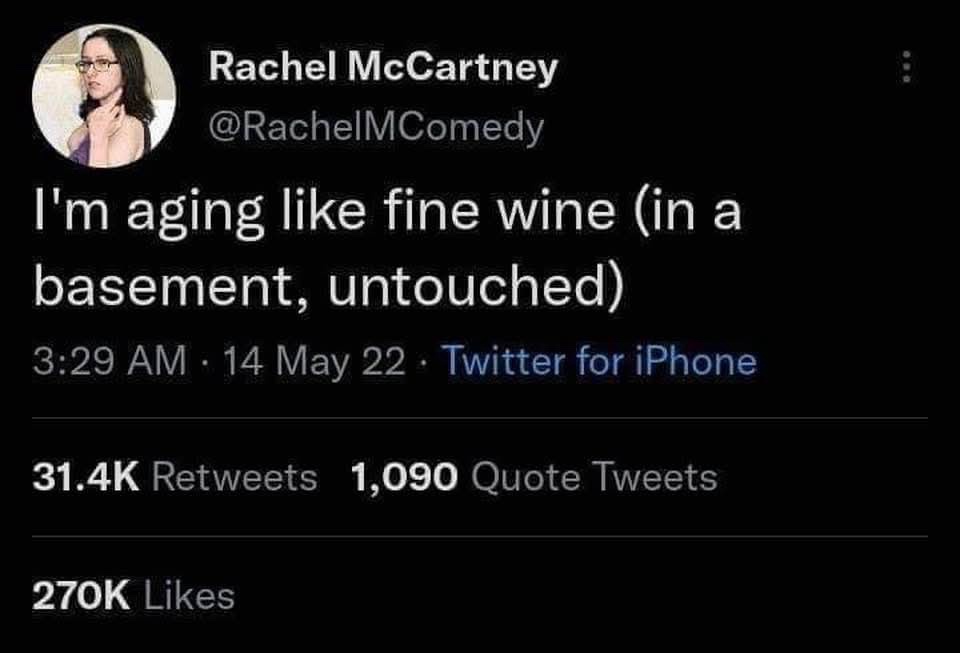 A screenshot of a tweet by Rachel McCartney (@RachelMComedy) showing her profile picture, username, and tweet text: 'I'm…