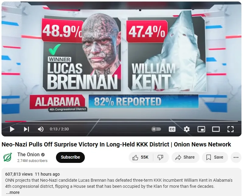 A satirical news graphic shows a heavily tattooed man labeled 'WINNER LUCAS BRENNAN' with 48.9% of the vote, facing off…