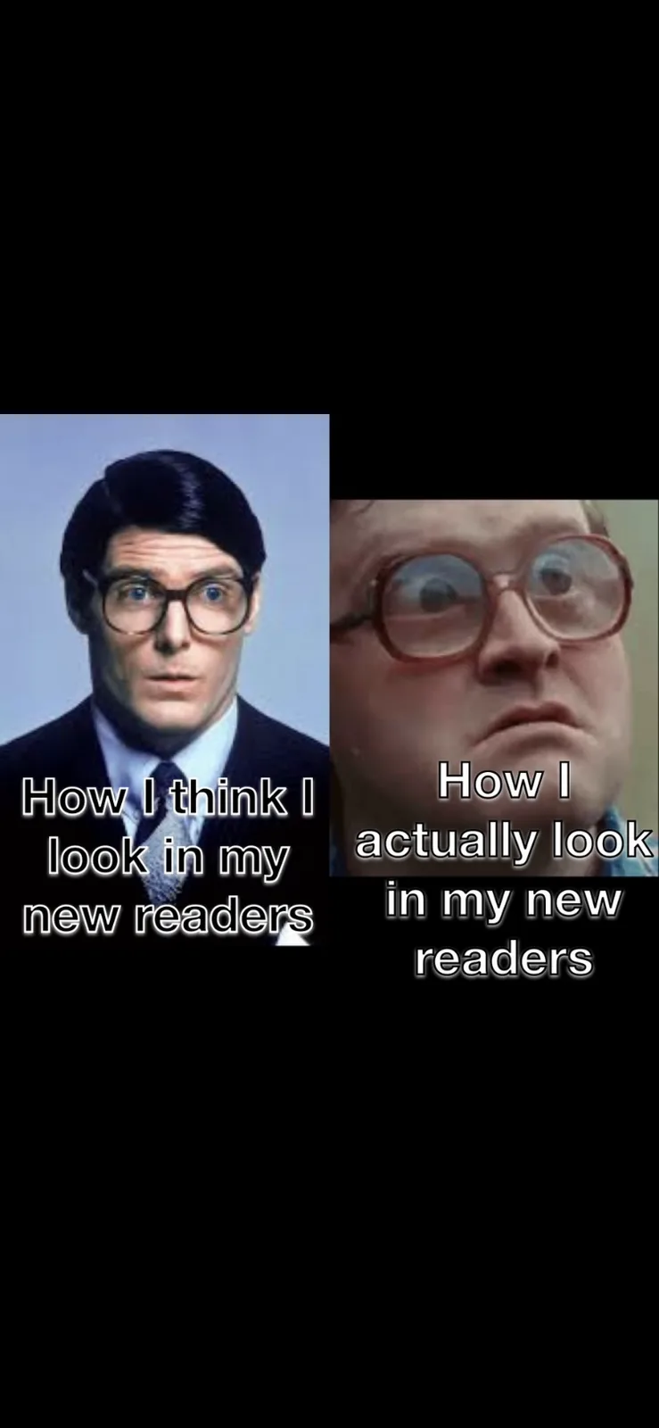 The image is split into two panels. The left panel shows a man with neat hair and glasses looking composed, with text…
