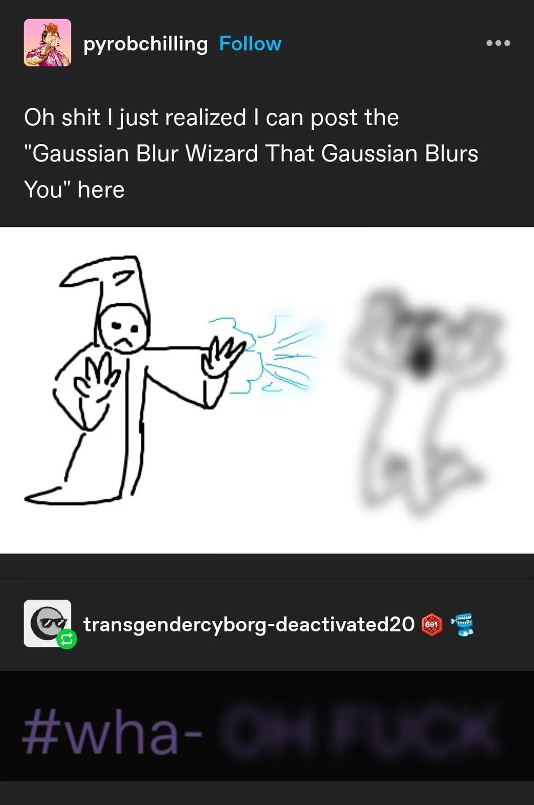 A crudely drawn wizard in a robe and hat casts a blue energy spell from their hands toward a blurry, indistinct figure on…