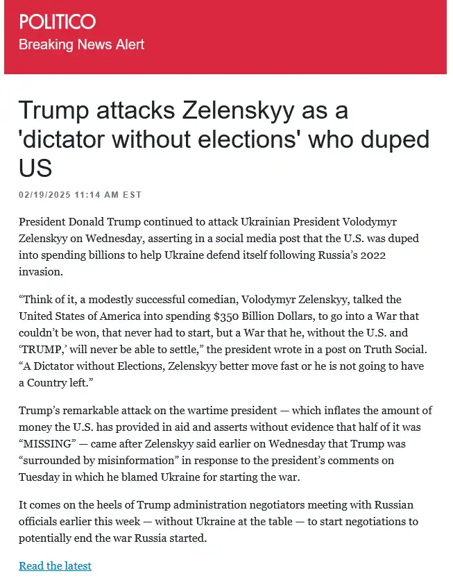 A screenshot of a Politico news article dated 02/19/2025 with a red header reading 'POLITICO Breaking News Alert'. The…