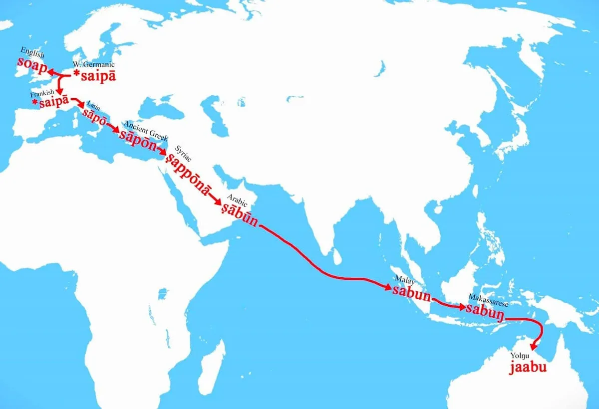 A world map traces the linguistic evolution of the word for 'soap' from Proto-Germanic *saipā through Latin, Ancient Greek…