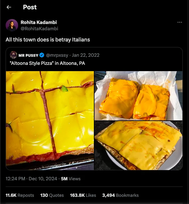 A screenshot of a tweet by Rohita Kadambi showing three photos of a pizza with cheese and sauce, overlaid with the text 'All…