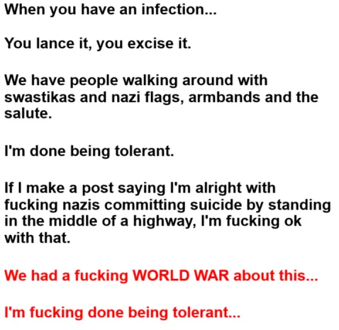 A white background with black text, except for the last line which is in red. The text is a rant about intolerance towards…