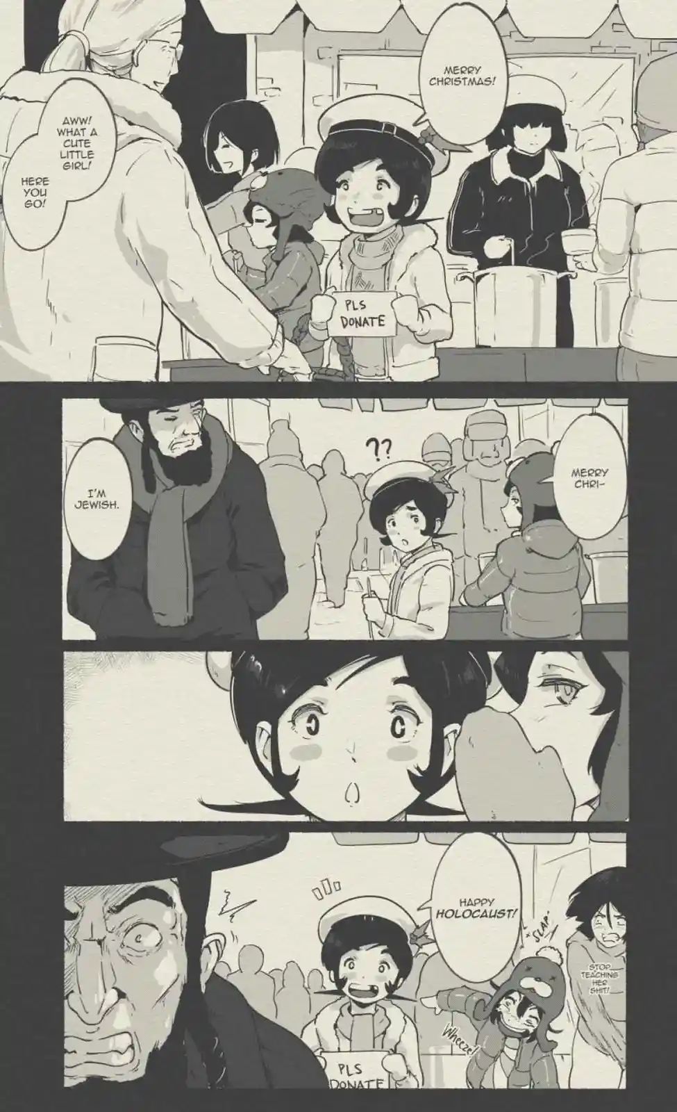 A four-panel manga comic shows a young girl in a winter hat holding a 'PLS DONATE' sign at a Christmas charity event. A man…