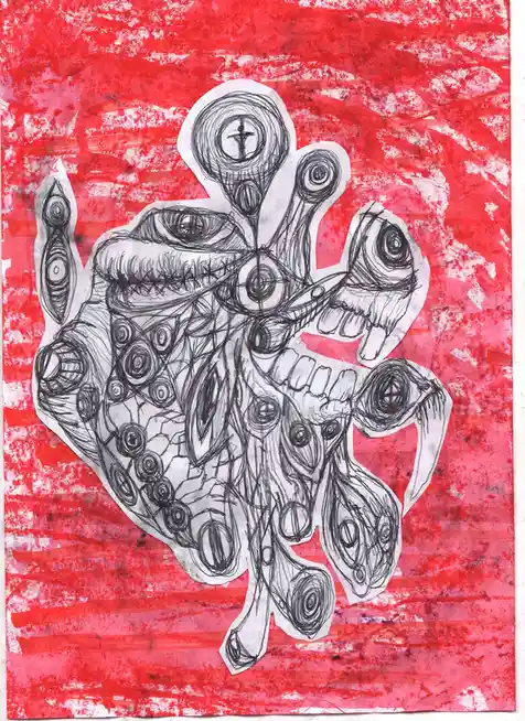 A black-and-white sketch of a grotesque, multi-eyed, monstrous creature with a stitched mouth and clawed hands, cut out and…