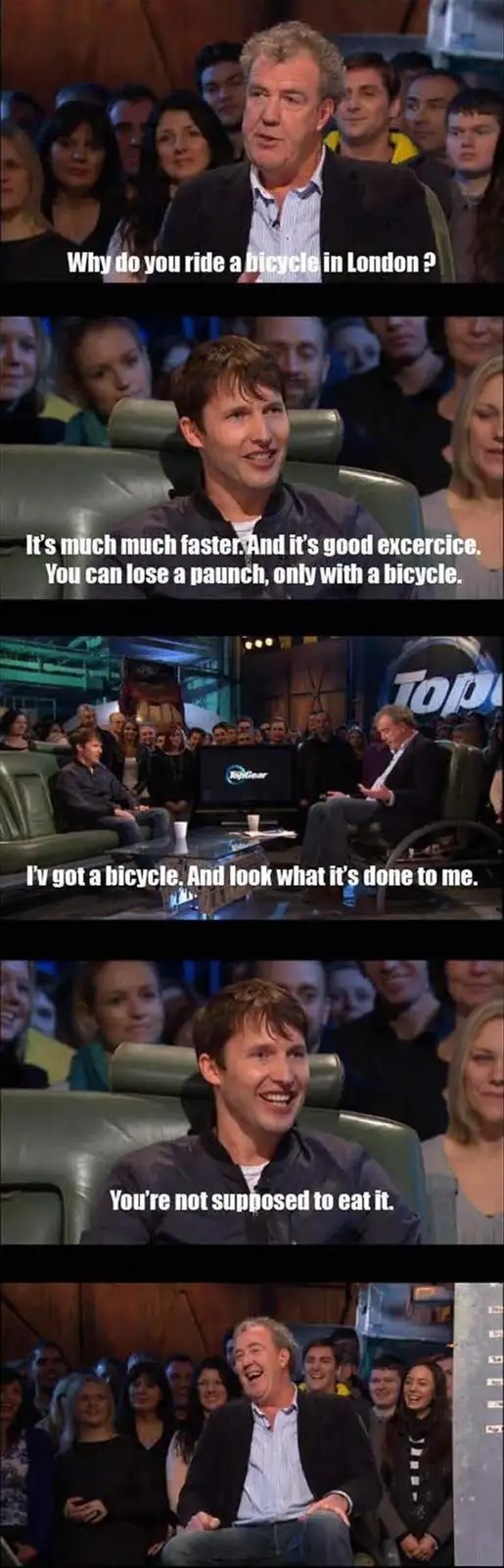A five-panel meme from a Top Gear TV show featuring Jeremy Clarkson and a guest. Clarkson asks why someone rides a bicycle…