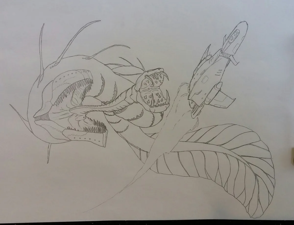 A pencil sketch depicts a large, multi-headed, monstrous creature with sharp teeth and tentacle-like appendages, holding a…
