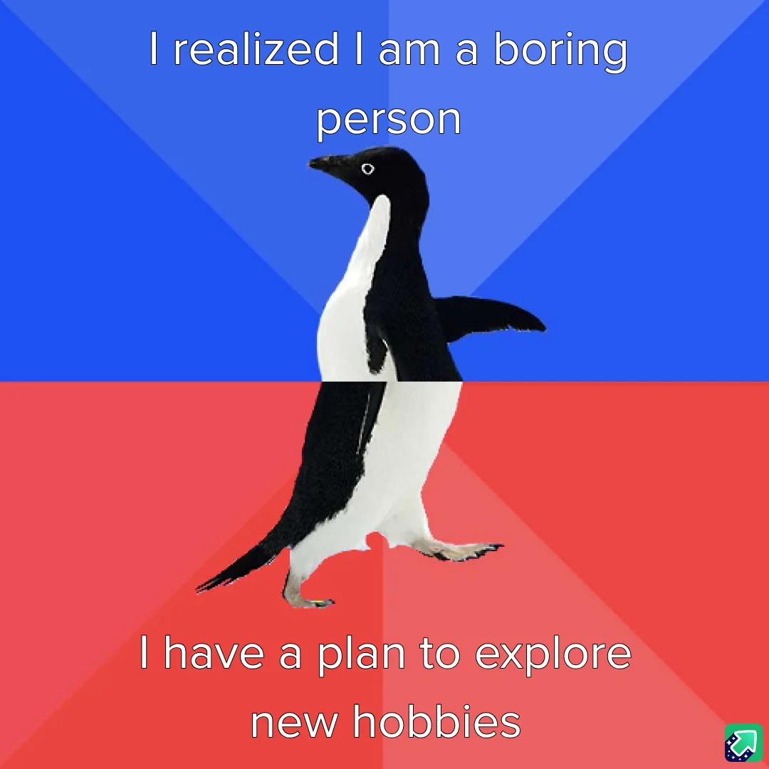 A black-and-white penguin stands centered against a split background of blue and red, with white text overlaid. The top text…