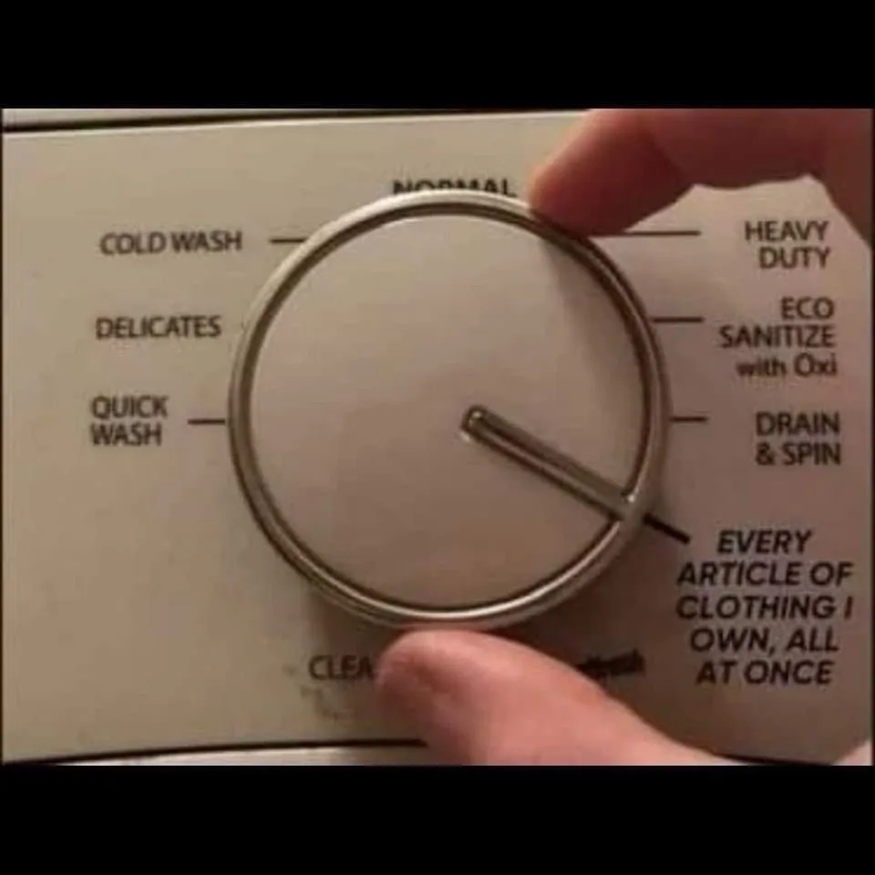 A close-up photo shows a hand turning a washing machine dial, with the knob positioned over the 'NORMAL' setting. The dial…