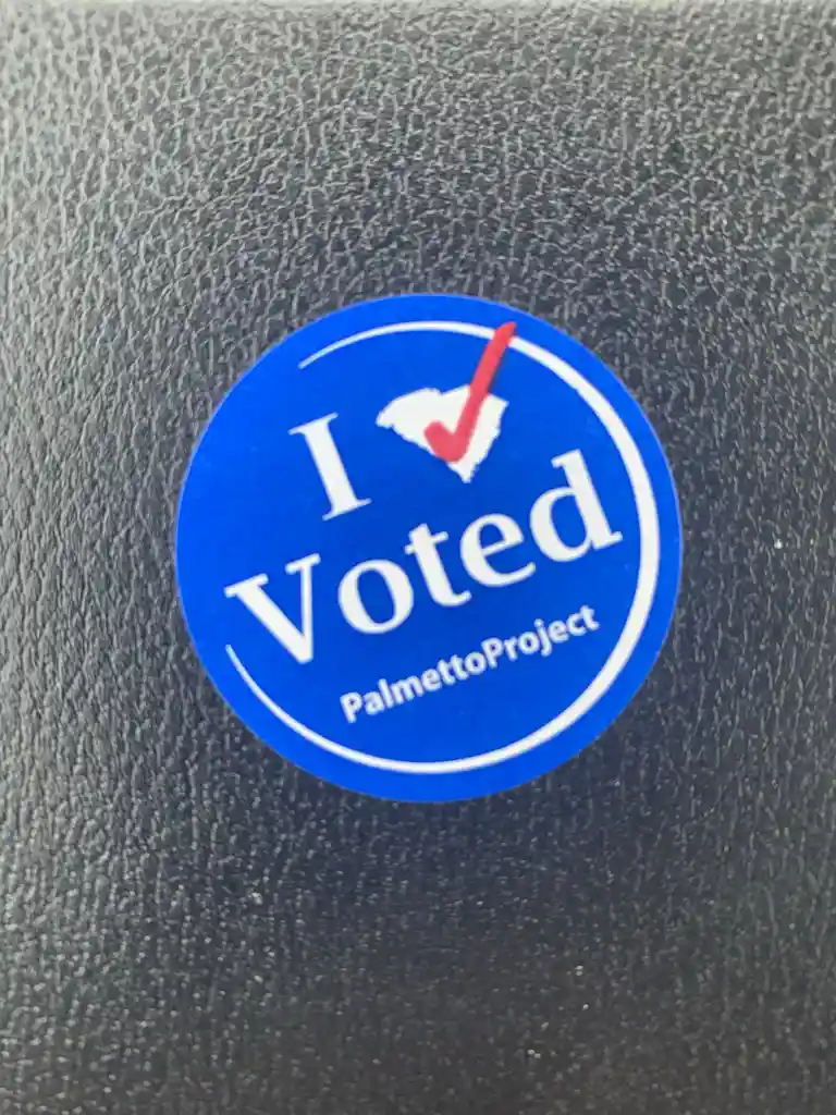 A blue circular 'I Voted' sticker from the PalmettoProject, featuring a red checkmark over a white silhouette of South…