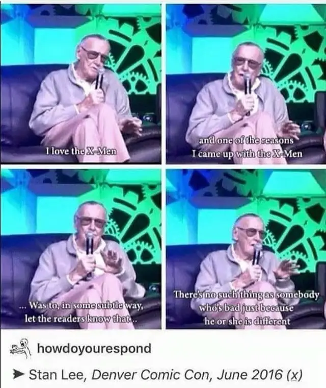 A four-panel meme featuring Stan Lee speaking at a 2016 Denver Comic Con panel. He is seated, holding a microphone, and…