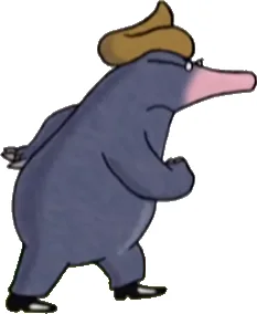 A cartoonish, dark gray, bipedal creature with a long pink snout and a brown poop-shaped hat walks confidently on a grassy…