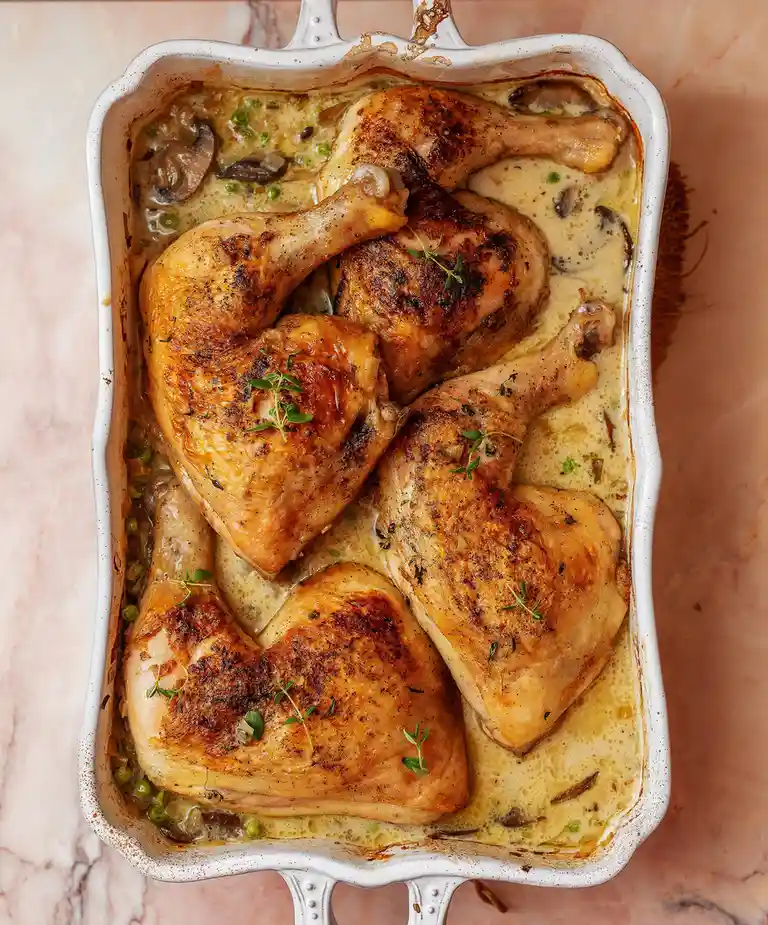 An overhead shot of a white ceramic baking dish containing six golden-brown roasted chicken legs and thighs in a creamy…