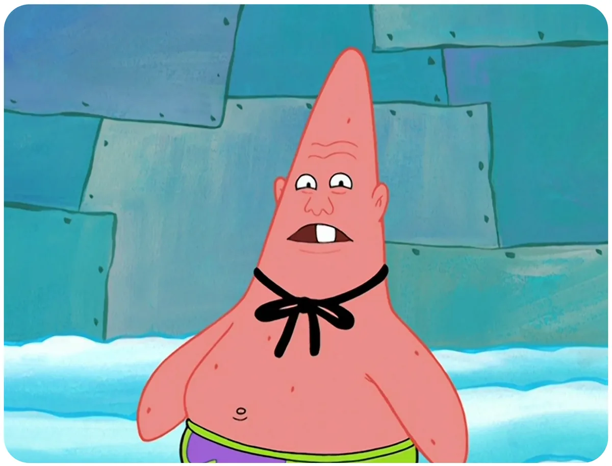 a still image of the cartoon character Patrick Star from SpongeBob SquarePants, who has a confused and slightly annoyed…