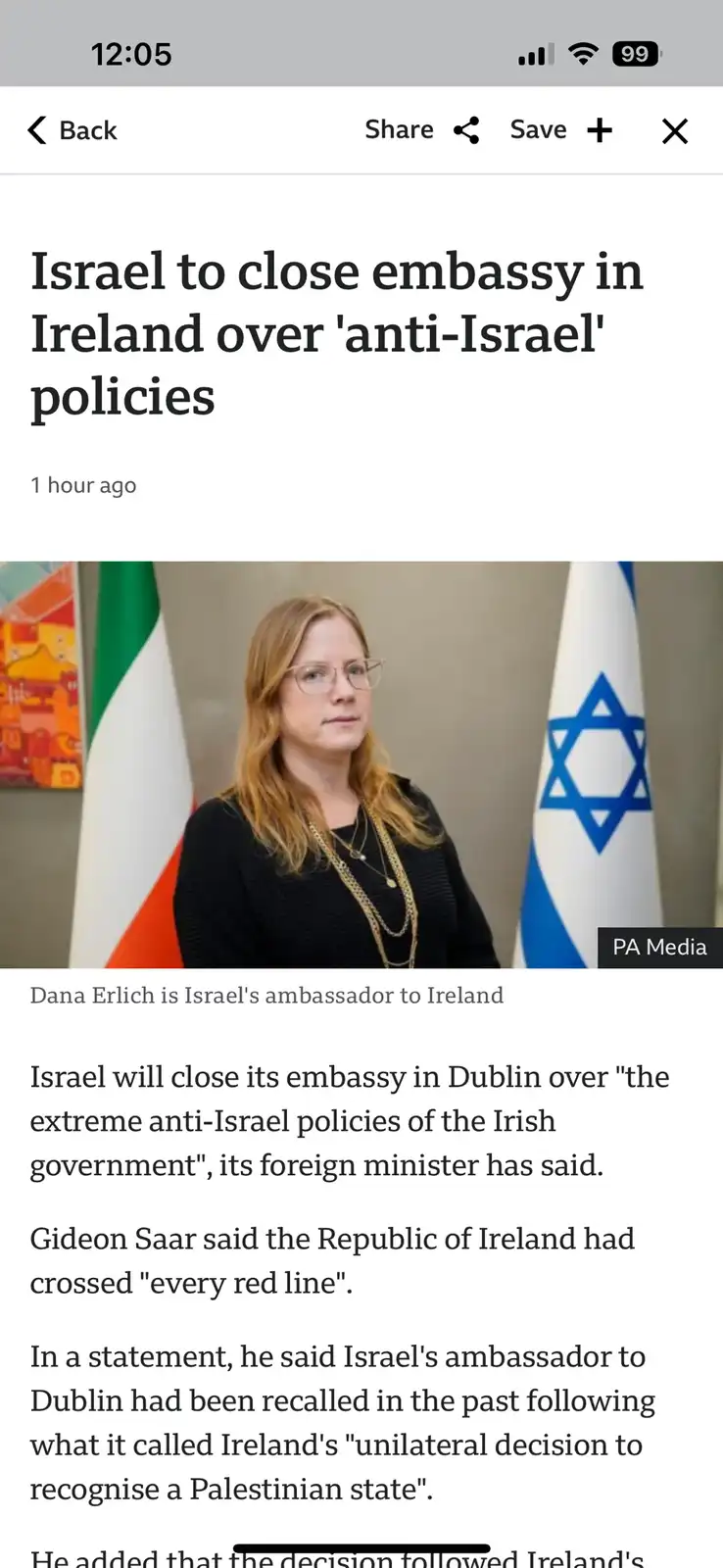 A screenshot of a news article shows a woman, identified as Israel's ambassador to Ireland, standing between the Irish and…