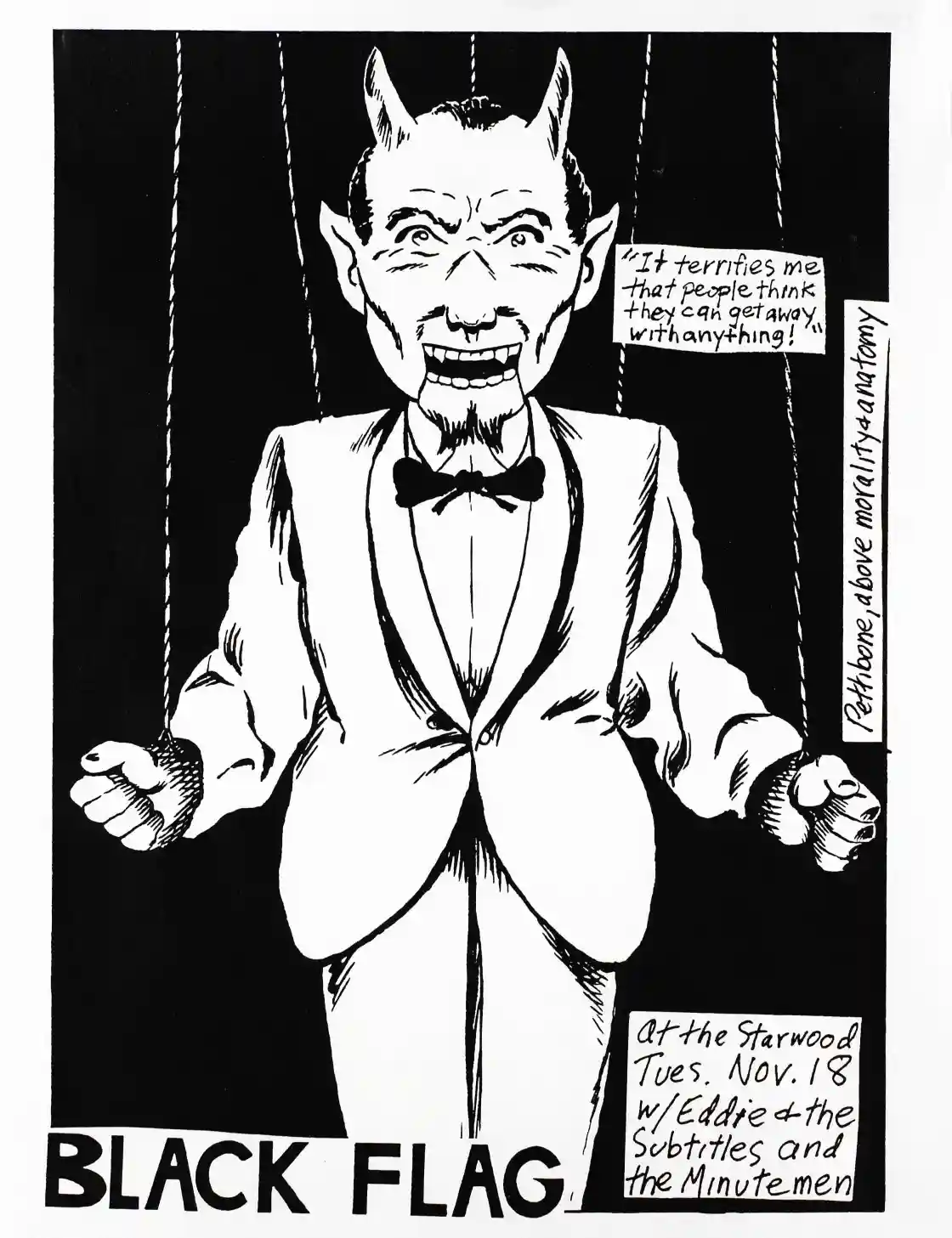 A black-and-white comic-style illustration shows a caricatured devil with horns and pointed ears, wearing a tuxedo and bow…